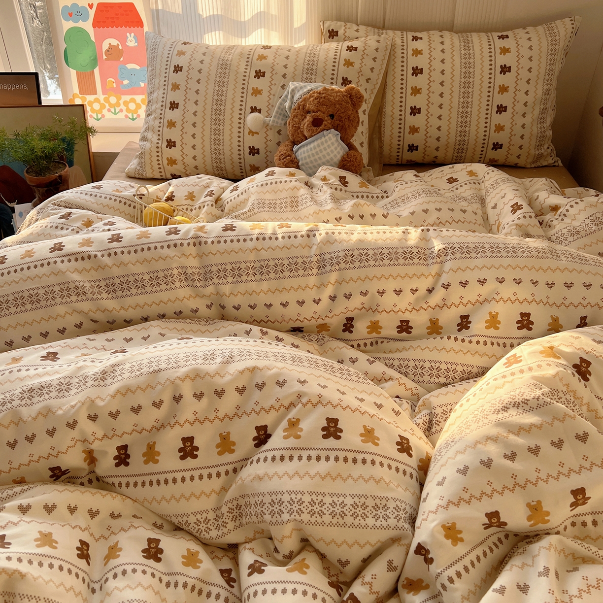 91家纺网 家纺一手货源 找家纺 XIWEN-希文家纺 2026春夏新款40支全棉13372卡通四件套 费尔岛小熊