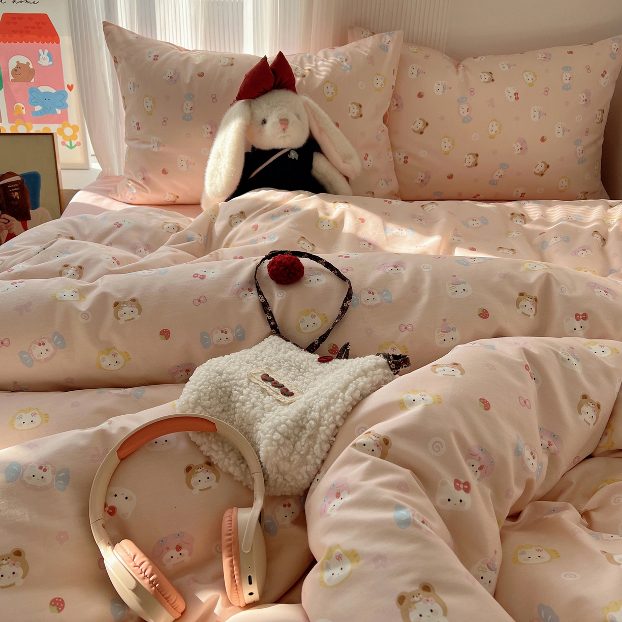 91家纺网 家纺一手货源 找家纺 XIWEN-希文家纺 2026春夏新款40支全棉13372卡通四件套 甜酱小猫-粉