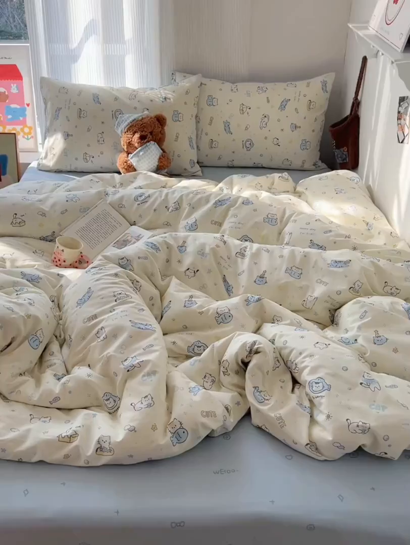 91家纺网 家纺一手货源 找家纺 XIWEN-希文家纺 2026春夏新款40支全棉13372卡通四件套 机灵猫