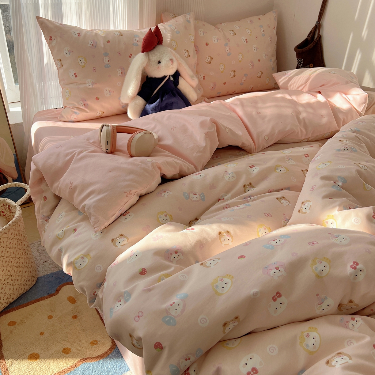 91家纺网 家纺一手货源 找家纺 XIWEN-希文家纺 2026春夏新款40支全棉13372卡通四件套 甜酱小猫-粉