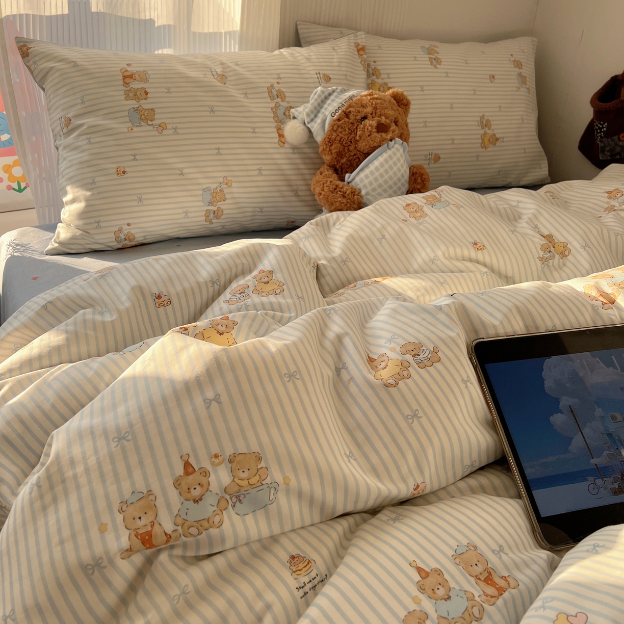 91家纺网 家纺一手货源 找家纺 XIWEN-希文家纺 2026春夏新款40支全棉13372卡通四件套 幸福小熊