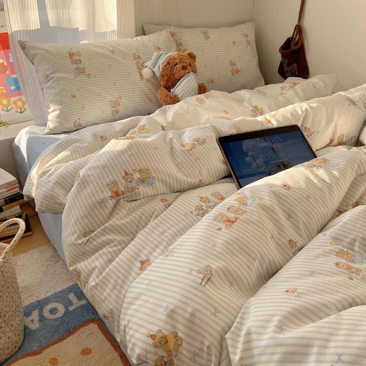 91家纺网 家纺一手货源 找家纺 XIWEN-希文家纺 2026春夏新款40支全棉13372卡通四件套 幸福小熊