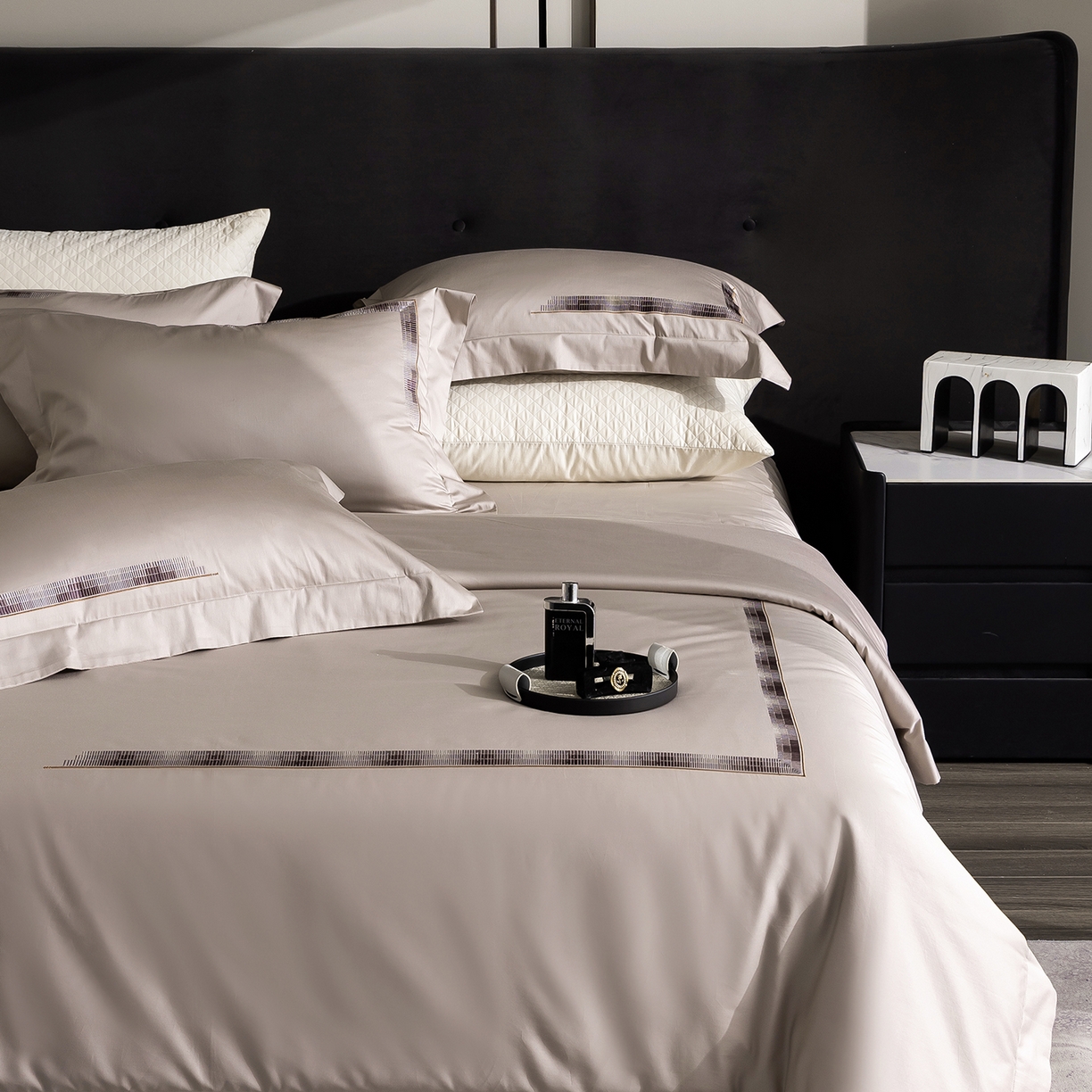 时亿家居 2026新款100支全棉纯棉绣花四件套-至简逸品系列 逸品-卡其