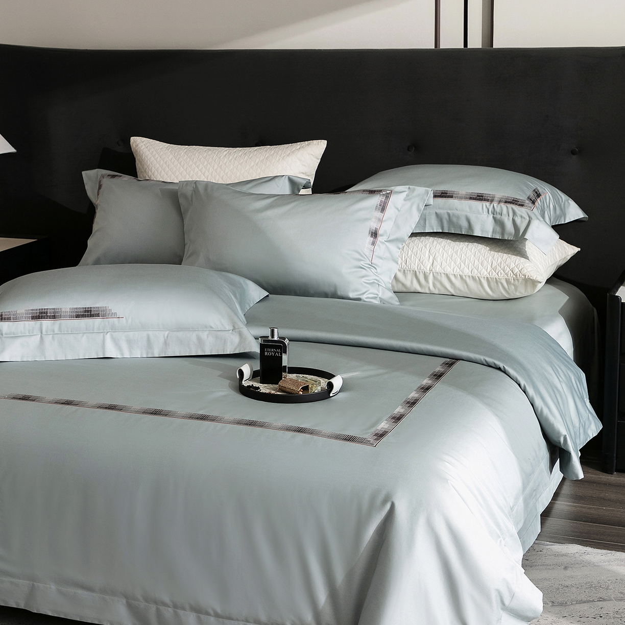 91家纺网 家纺一手货源 找家纺 时亿家居 2026新款100支全棉纯棉绣花四件套-至简逸品系列 逸品-蓝