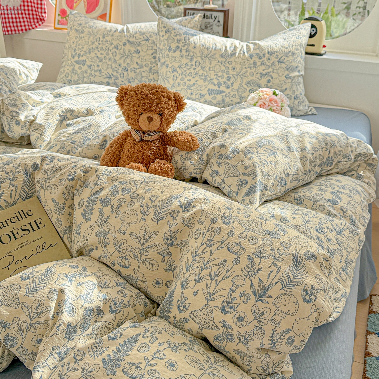 91家纺网 家纺一手货源 找家纺 （总）朵朵家纺 2026新款云感木棉皱皱纱双层纱印花四件套