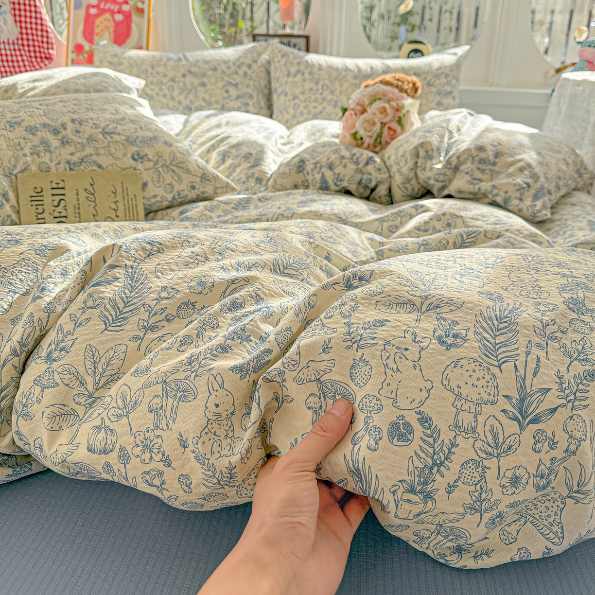 91家纺网 家纺一手货源 找家纺 （总）朵朵家纺 2026新款云感木棉皱皱纱双层纱印花四件套