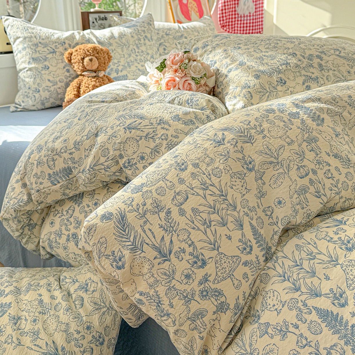 91家纺网 家纺一手货源 找家纺 （总）朵朵家纺 2026新款云感木棉皱皱纱双层纱印花四件套