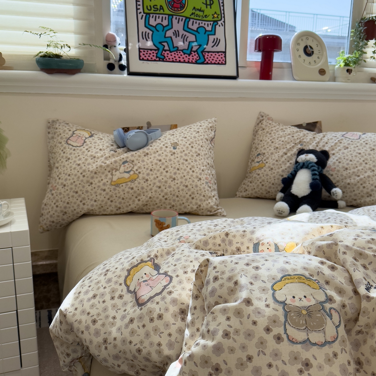 91家纺网 家纺一手货源 找家纺 珺柔家纺 2026新款亲肤舒适棉麻印花四件套 滑板小狗