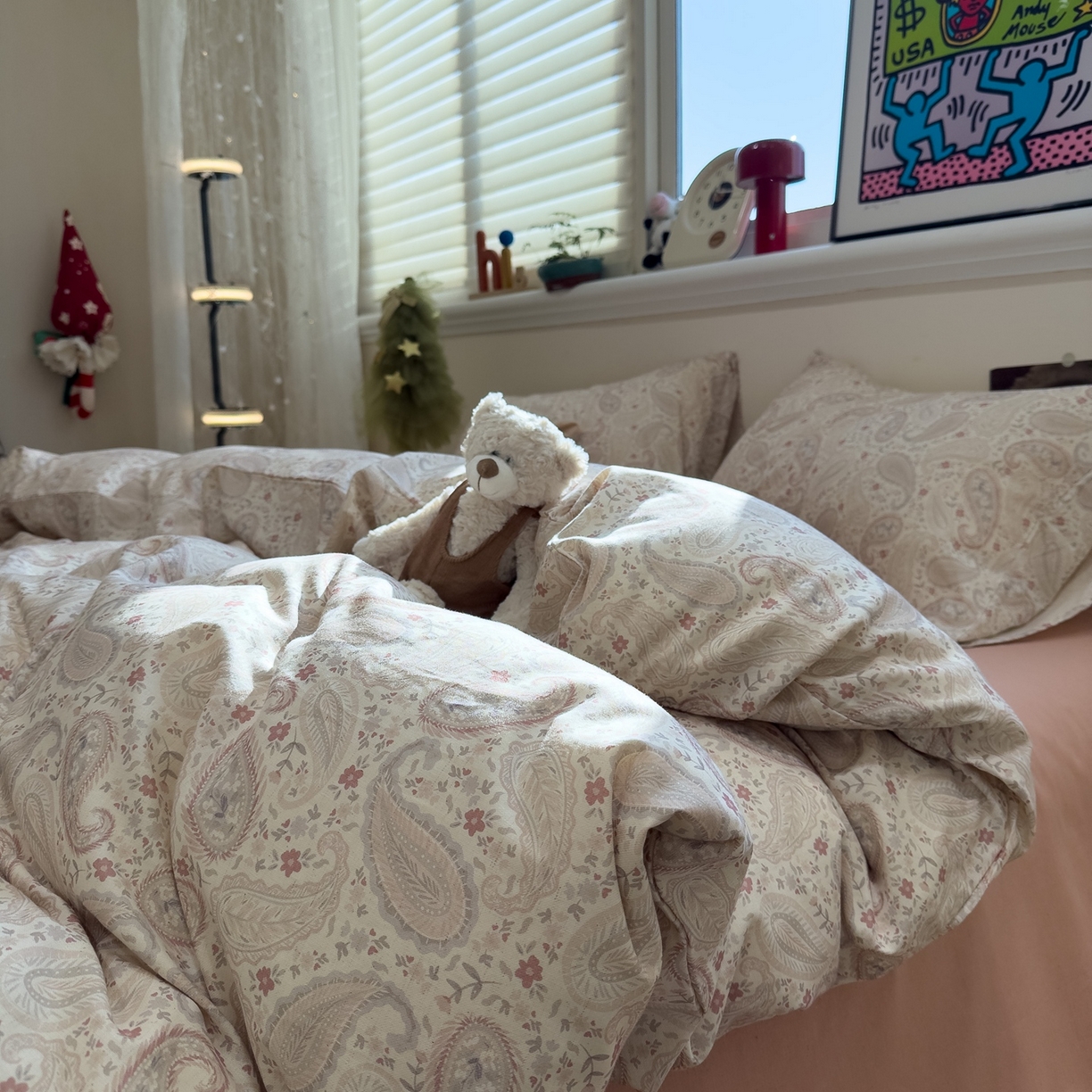 91家纺网 家纺一手货源 找家纺 珺柔家纺 2026新款亲肤舒适棉麻印花四件套 叶之舞