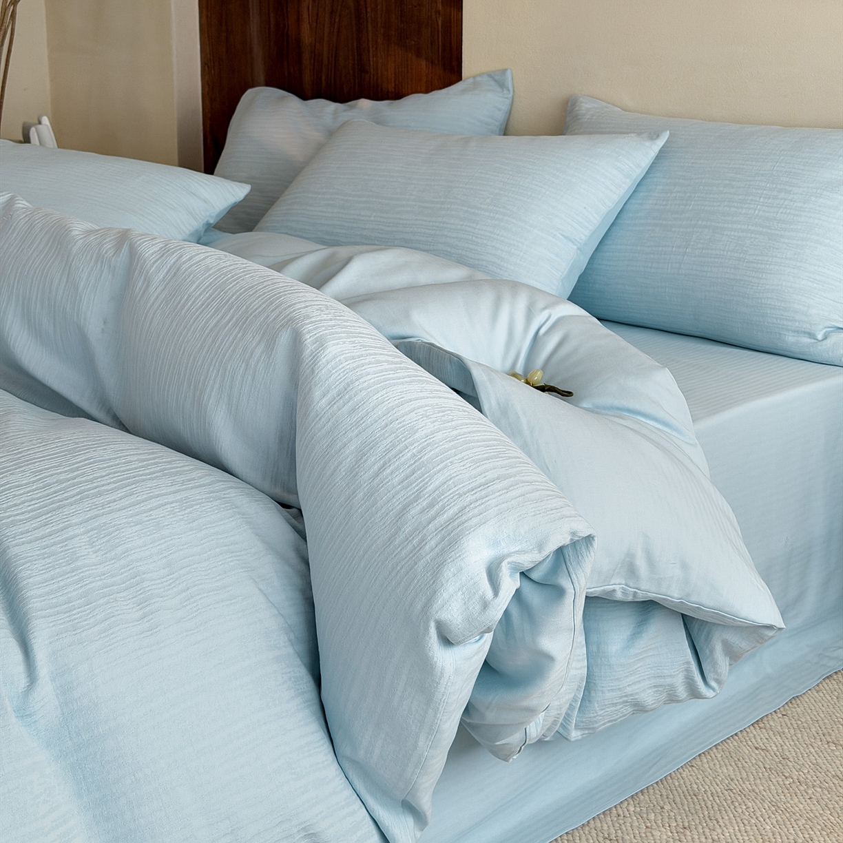 91家纺网 家纺一手货源 找家纺 静家居-简约原创家纺 2026新款奶油叱咤风60s全棉纯棉厚织提花四件套轻屿 轻屿-天蓝