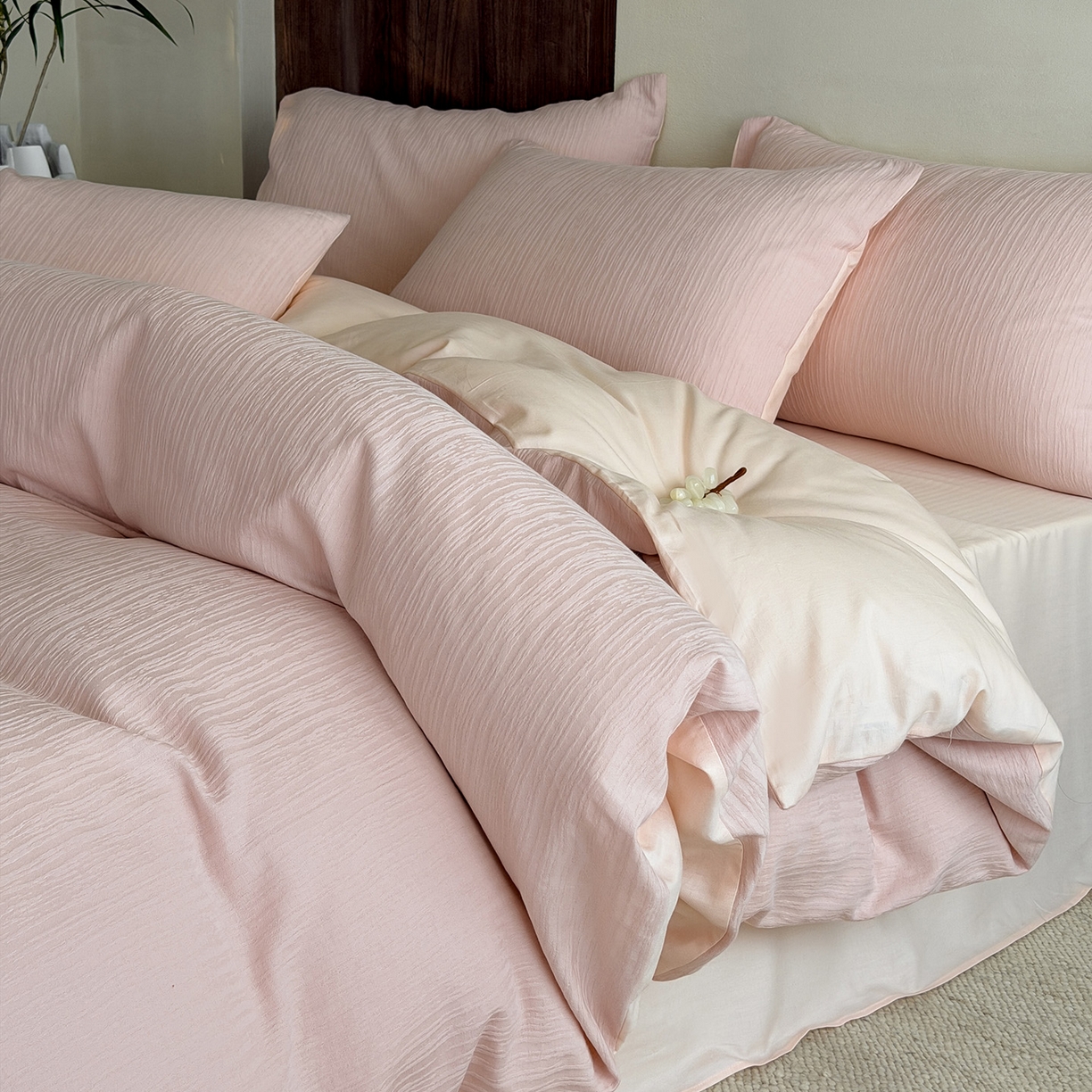 静家居-简约原创家纺 2026新款奶油叱咤风60s全棉纯棉厚织提花四件套轻屿 轻屿-柔樱