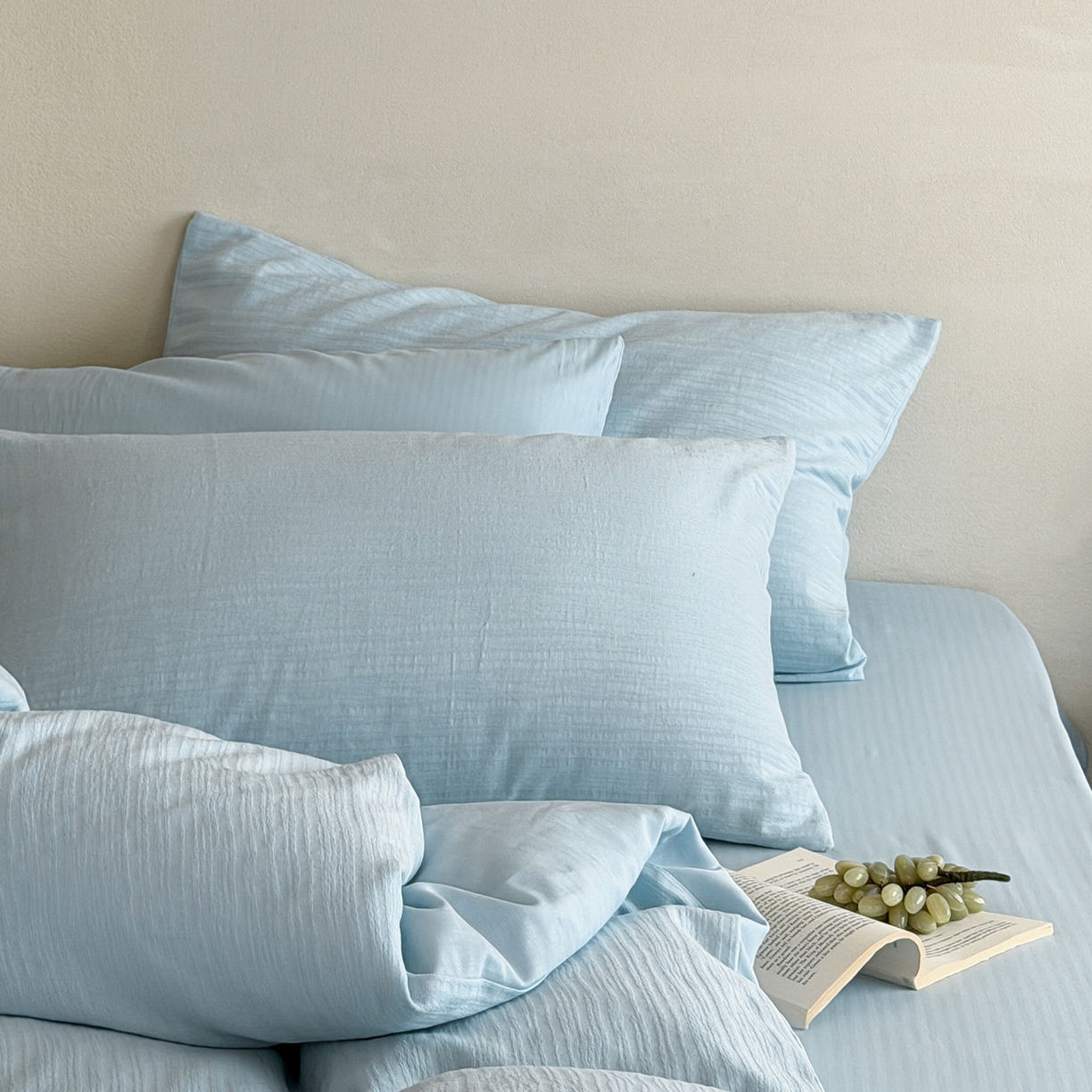 91家纺网 家纺一手货源 找家纺 静家居-简约原创家纺 2026新款奶油叱咤风60s全棉纯棉厚织提花四件套轻屿 轻屿-天蓝