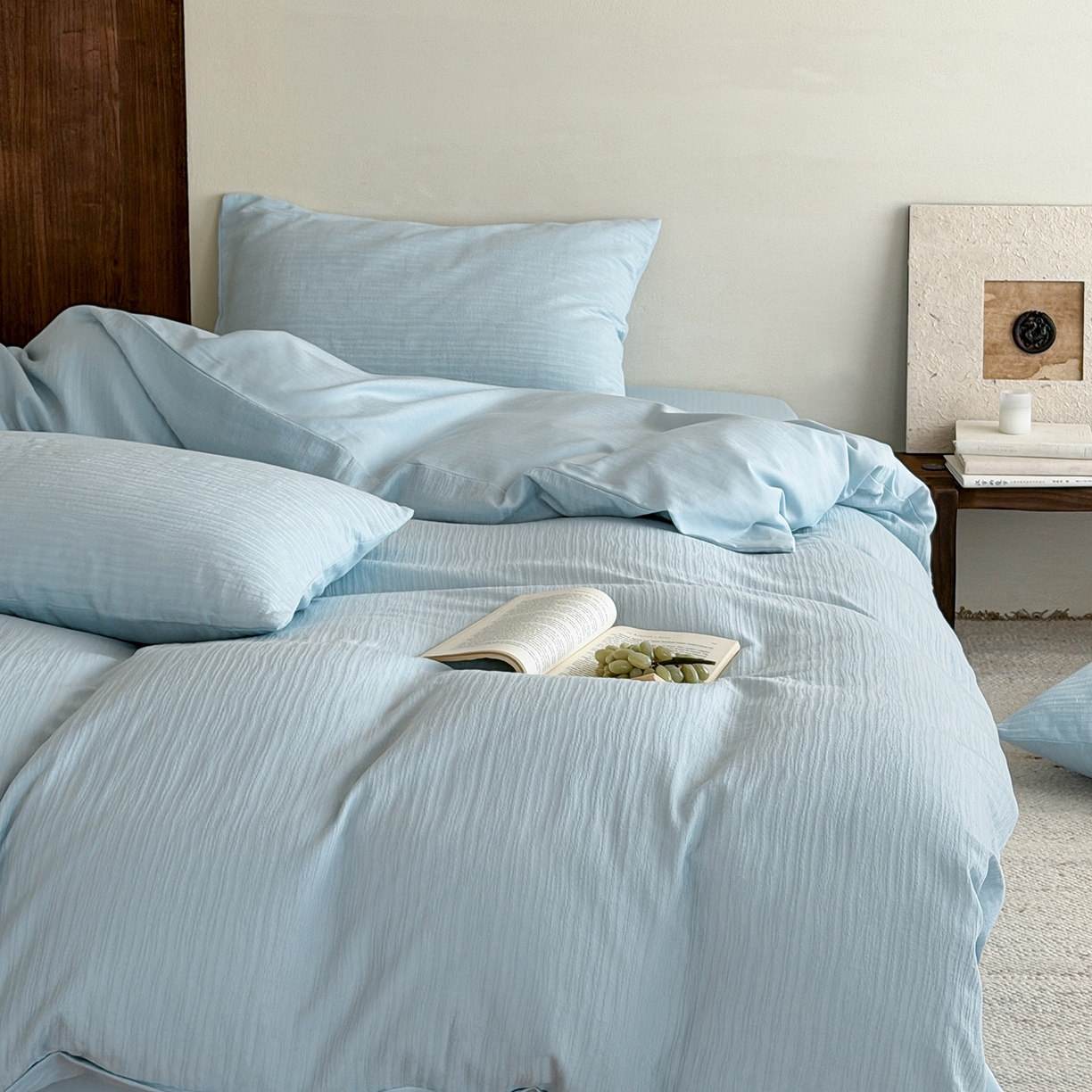 91家纺网 家纺一手货源 找家纺 静家居-简约原创家纺 2026新款奶油叱咤风60s全棉纯棉厚织提花四件套轻屿 轻屿-天蓝