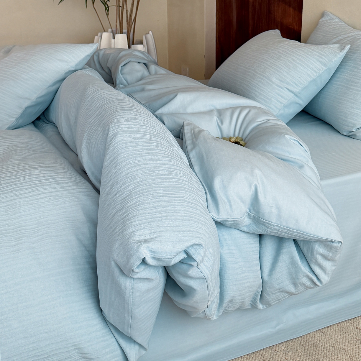 91家纺网 家纺一手货源 找家纺 静家居-简约原创家纺 2026新款奶油叱咤风60s全棉纯棉厚织提花四件套轻屿 轻屿-天蓝