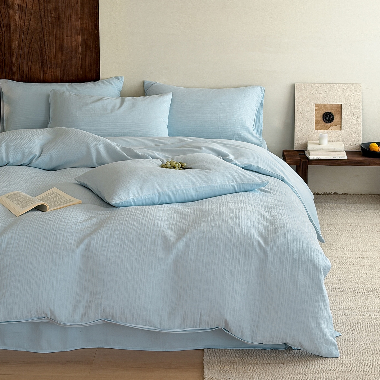 91家纺网 家纺一手货源 找家纺 静家居-简约原创家纺 2026新款奶油叱咤风60s全棉纯棉厚织提花四件套轻屿 轻屿-天蓝