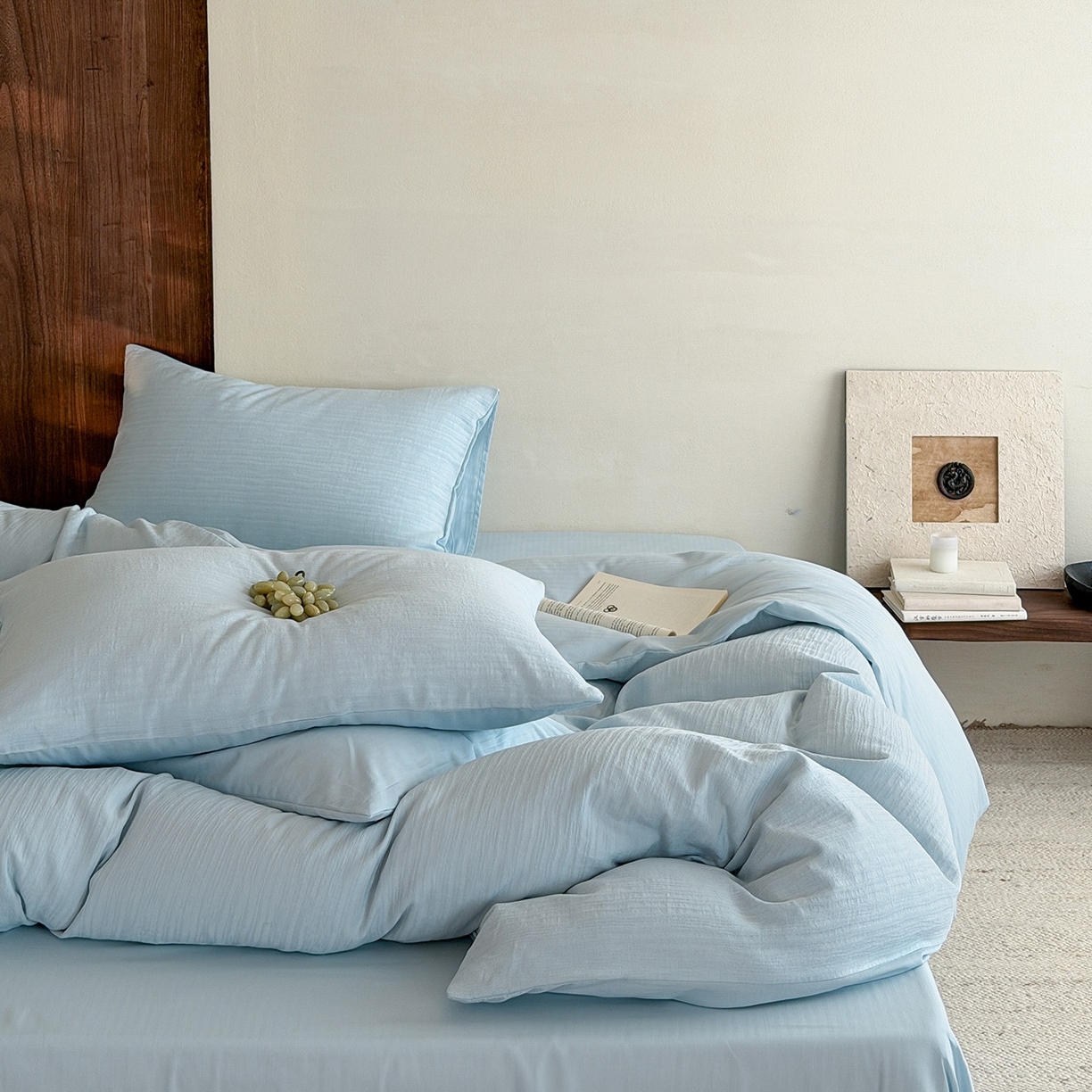 91家纺网 家纺一手货源 找家纺 静家居-简约原创家纺 2026新款奶油叱咤风60s全棉纯棉厚织提花四件套轻屿 轻屿-天蓝