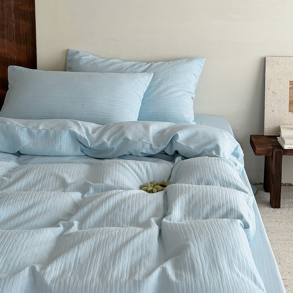 91家纺网 家纺一手货源 找家纺 静家居-简约原创家纺 2026新款奶油叱咤风60s全棉纯棉厚织提花四件套轻屿 轻屿-天蓝