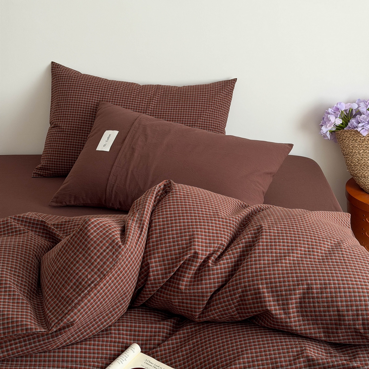 十里居 2026新款lns博主风全棉纯棉色织水洗棉四件套 焦糖红格