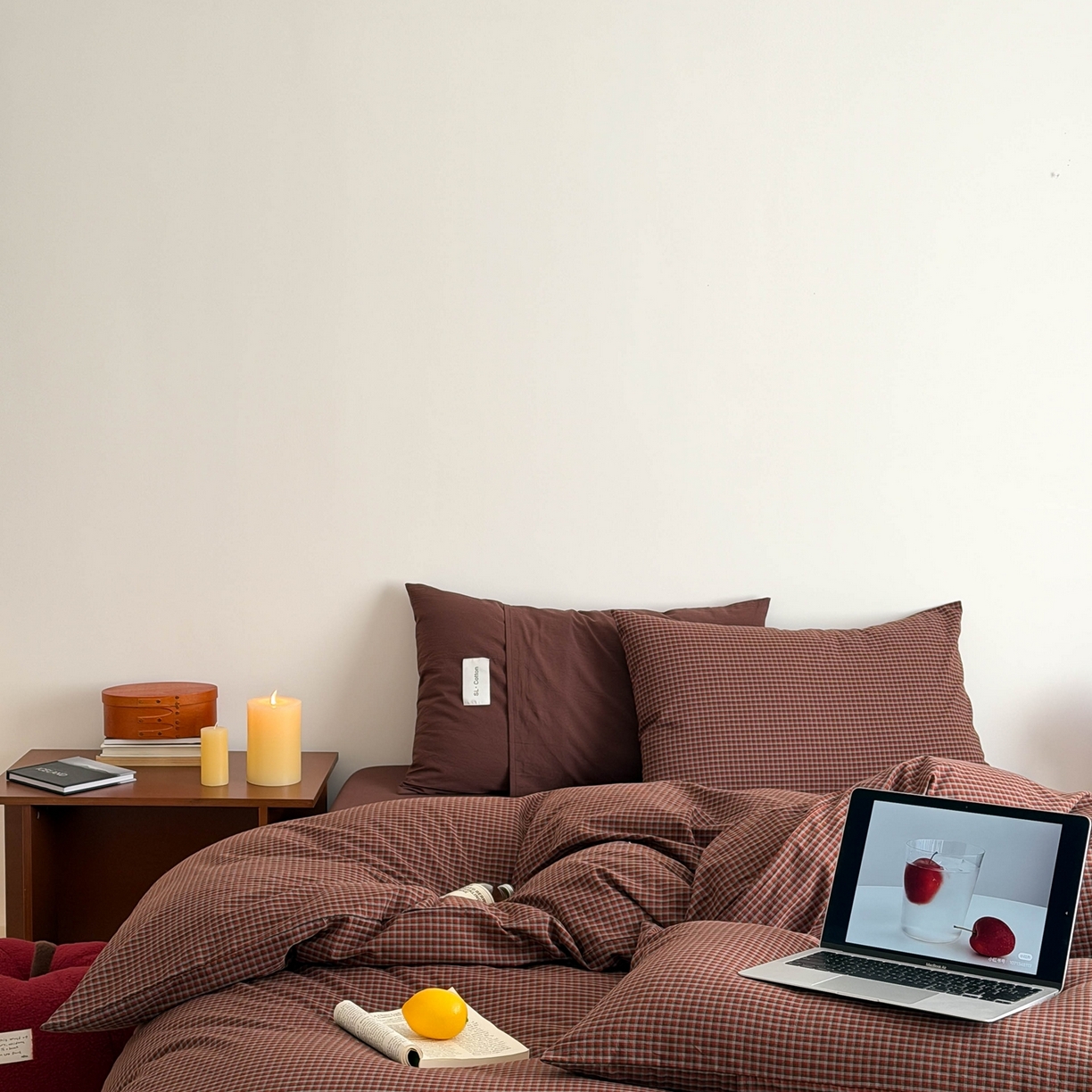 91家纺网 家纺一手货源 找家纺 十里居 2026新款lns博主风全棉纯棉色织水洗棉四件套 焦糖红格