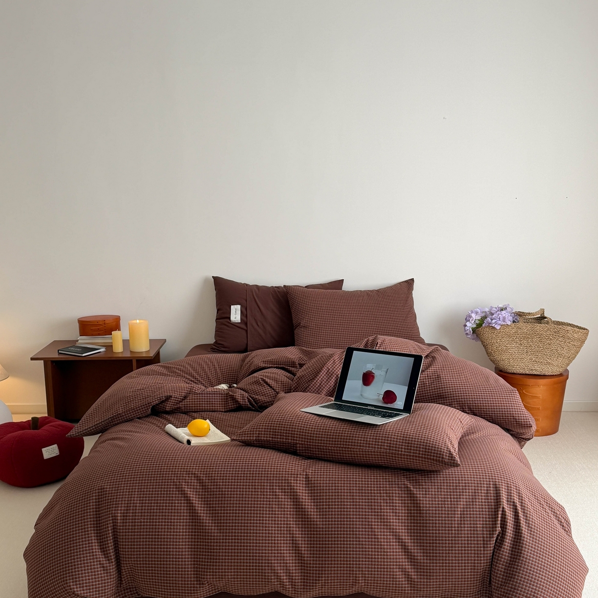 91家纺网 家纺一手货源 找家纺 十里居 2026新款lns博主风全棉纯棉色织水洗棉四件套 焦糖红格