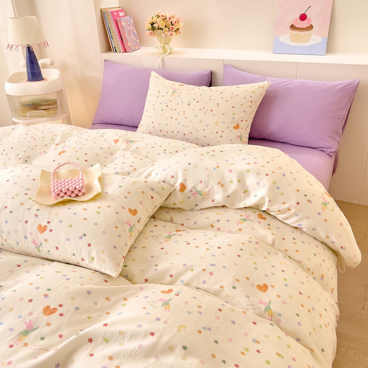 91家纺网 家纺一手货源 找家纺 DoDo 兜兜 2026新款全棉纯棉小温暖双层纱四件套【可定做尺寸】缤纷小兔