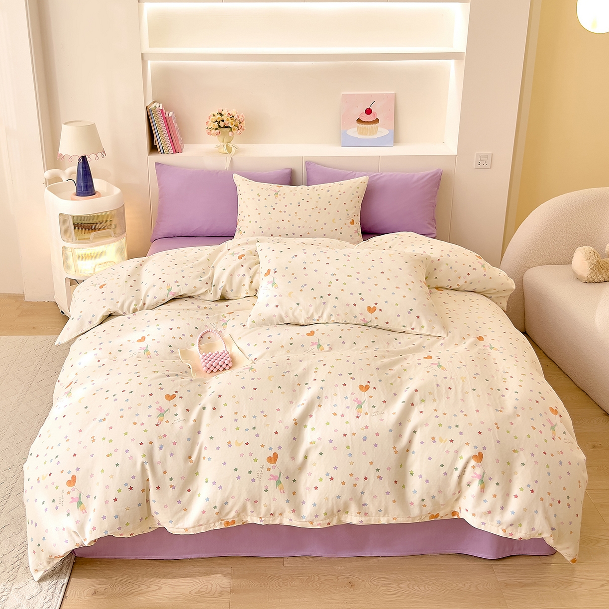 91家纺网 家纺一手货源 找家纺 DoDo 兜兜 2026新款全棉纯棉小温暖双层纱四件套【可定做尺寸】缤纷小兔