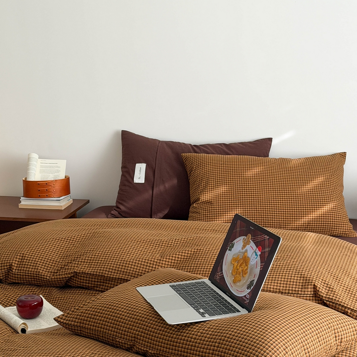 91家纺网 家纺一手货源 找家纺 十里居 2026新款lns博主风全棉纯棉色织水洗棉四件套 焦糖黄格