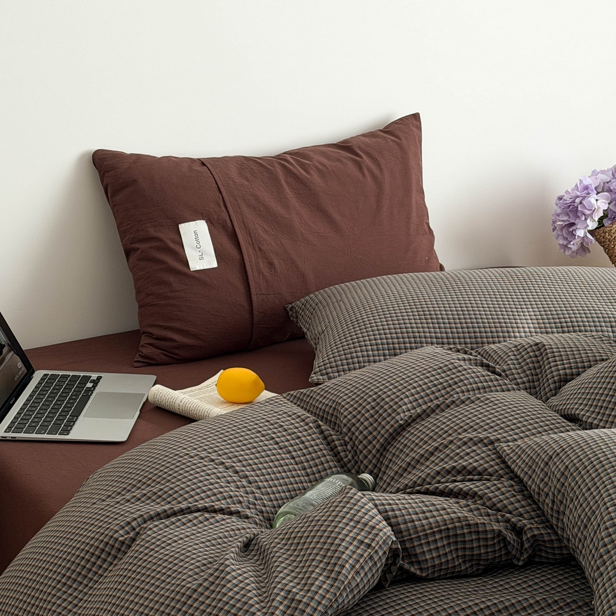 91家纺网 家纺一手货源 找家纺 十里居 2026新款lns博主风全棉纯棉色织水洗棉四件套 焦糖蓝格