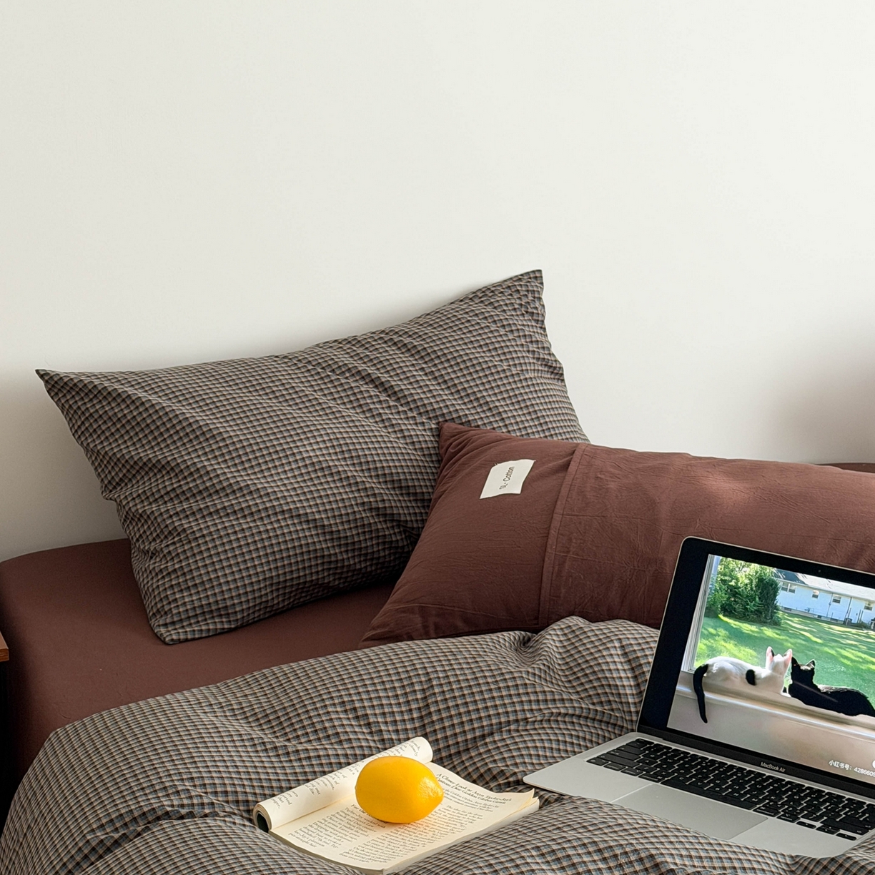 91家纺网 家纺一手货源 找家纺 十里居 2026新款lns博主风全棉纯棉色织水洗棉四件套 焦糖蓝格