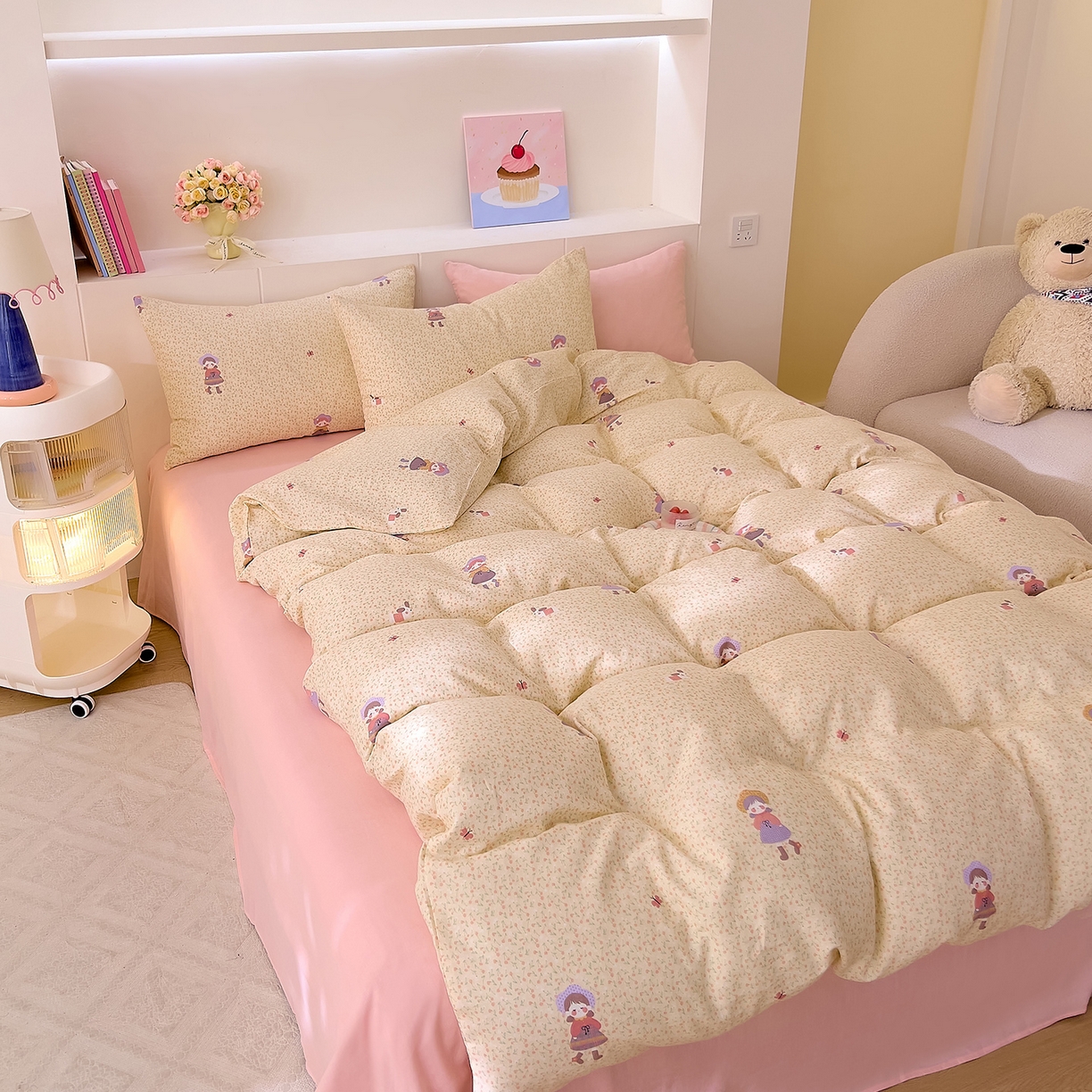 91家纺网 家纺一手货源 找家纺 DoDo 兜兜 2026新款全棉纯棉小温暖双层纱四件套【可定做尺寸】春日女孩