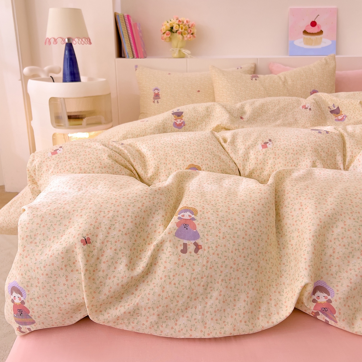 91家纺网 家纺一手货源 找家纺 DoDo 兜兜 2026新款全棉纯棉小温暖双层纱四件套【可定做尺寸】春日女孩