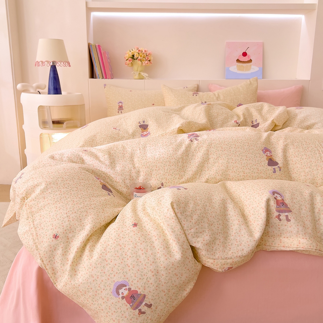 91家纺网 家纺一手货源 找家纺 DoDo 兜兜 2026新款全棉纯棉小温暖双层纱四件套【可定做尺寸】春日女孩