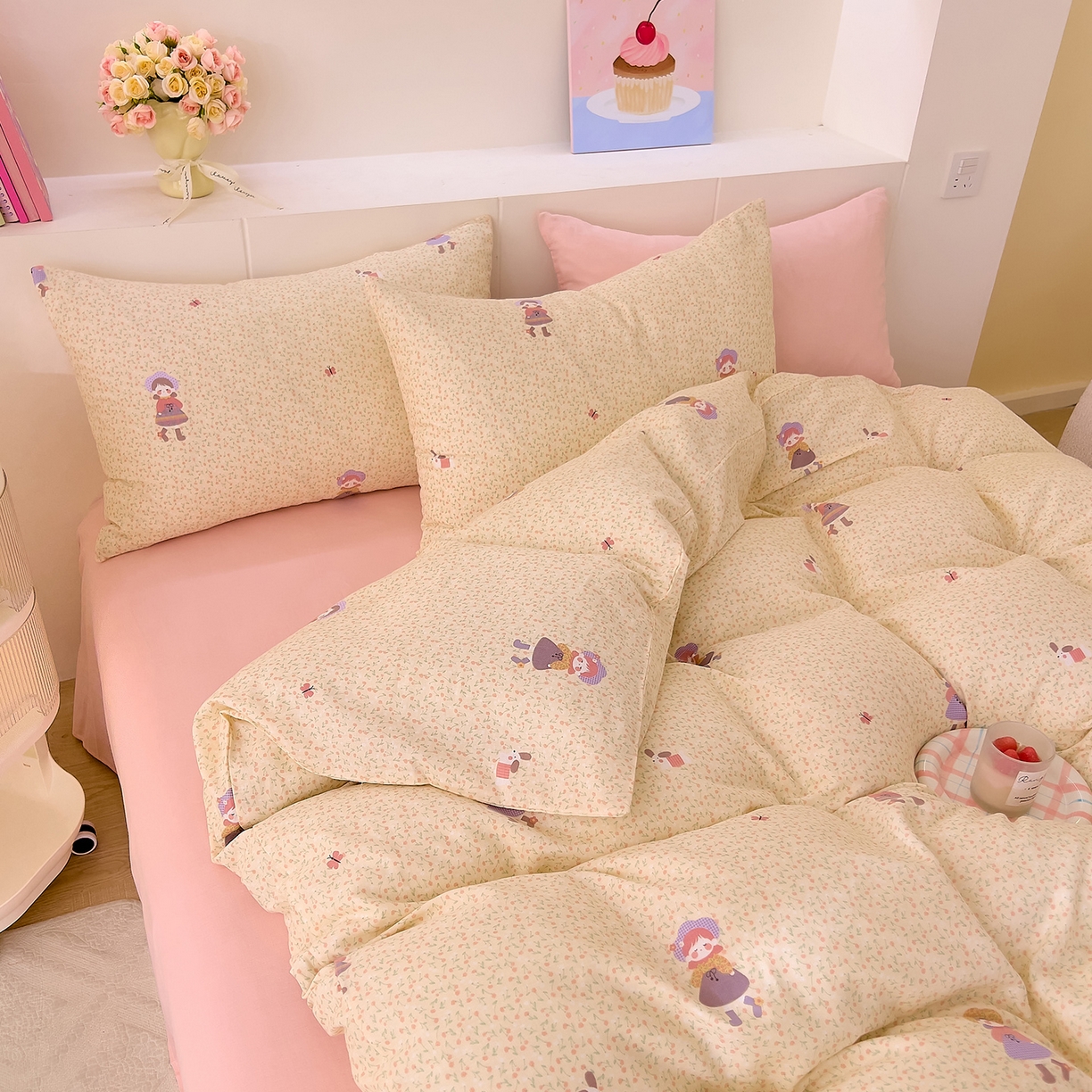 91家纺网 家纺一手货源 找家纺 DoDo 兜兜 2026新款全棉纯棉小温暖双层纱四件套【可定做尺寸】春日女孩