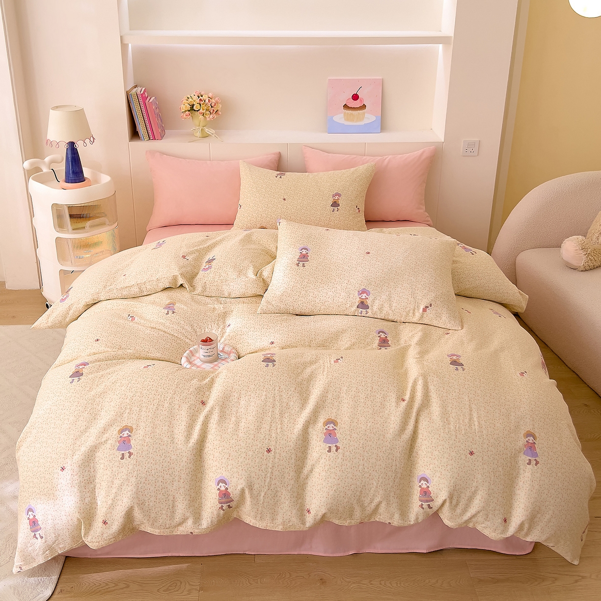 91家纺网 家纺一手货源 找家纺 DoDo 兜兜 2026新款全棉纯棉小温暖双层纱四件套【可定做尺寸】春日女孩