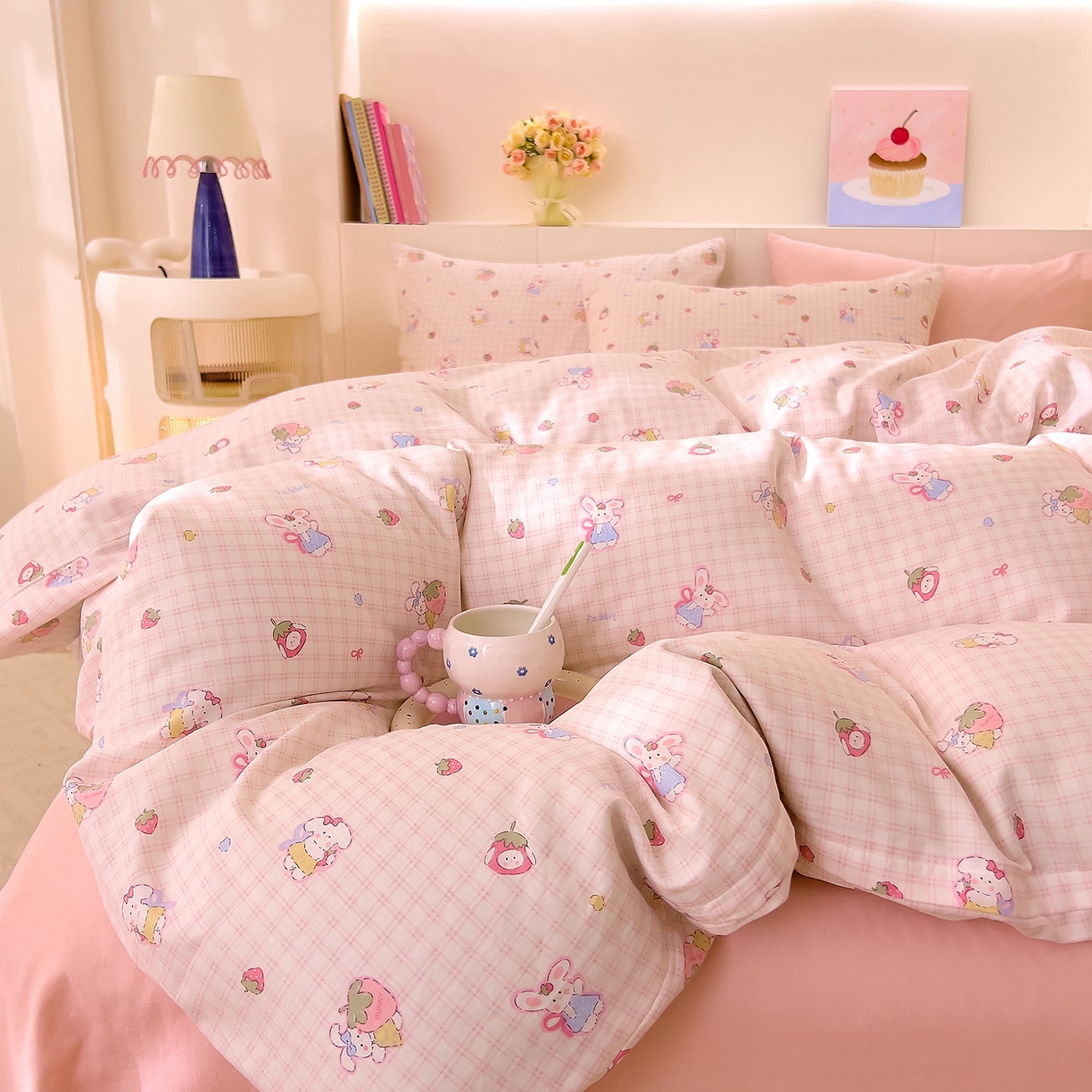 91家纺网 家纺一手货源 找家纺 DoDo 兜兜 2026新款全棉纯棉小温暖双层纱四件套【可定做尺寸】格子兔