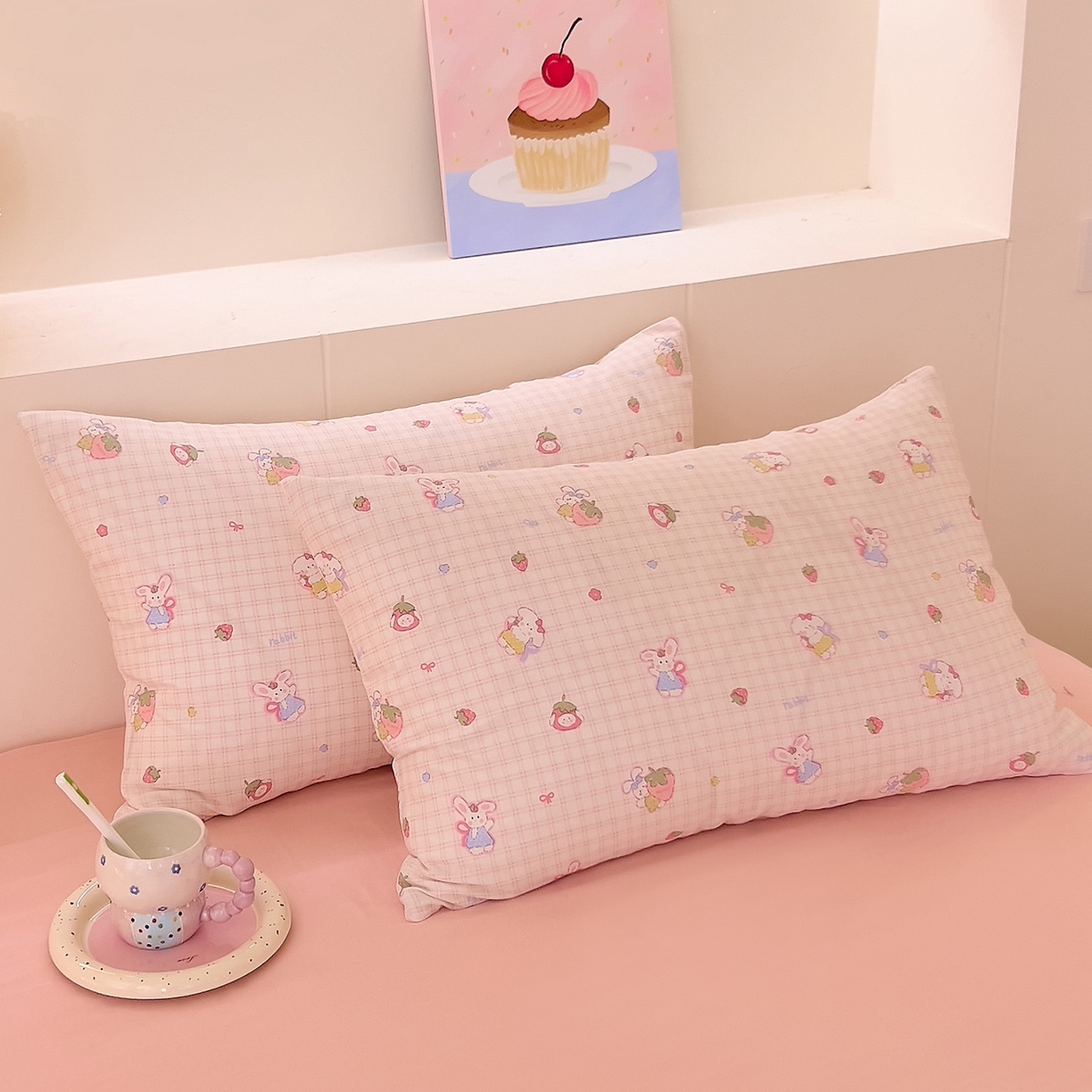 91家纺网 家纺一手货源 找家纺 DoDo 兜兜 2026新款全棉纯棉小温暖双层纱四件套【可定做尺寸】格子兔