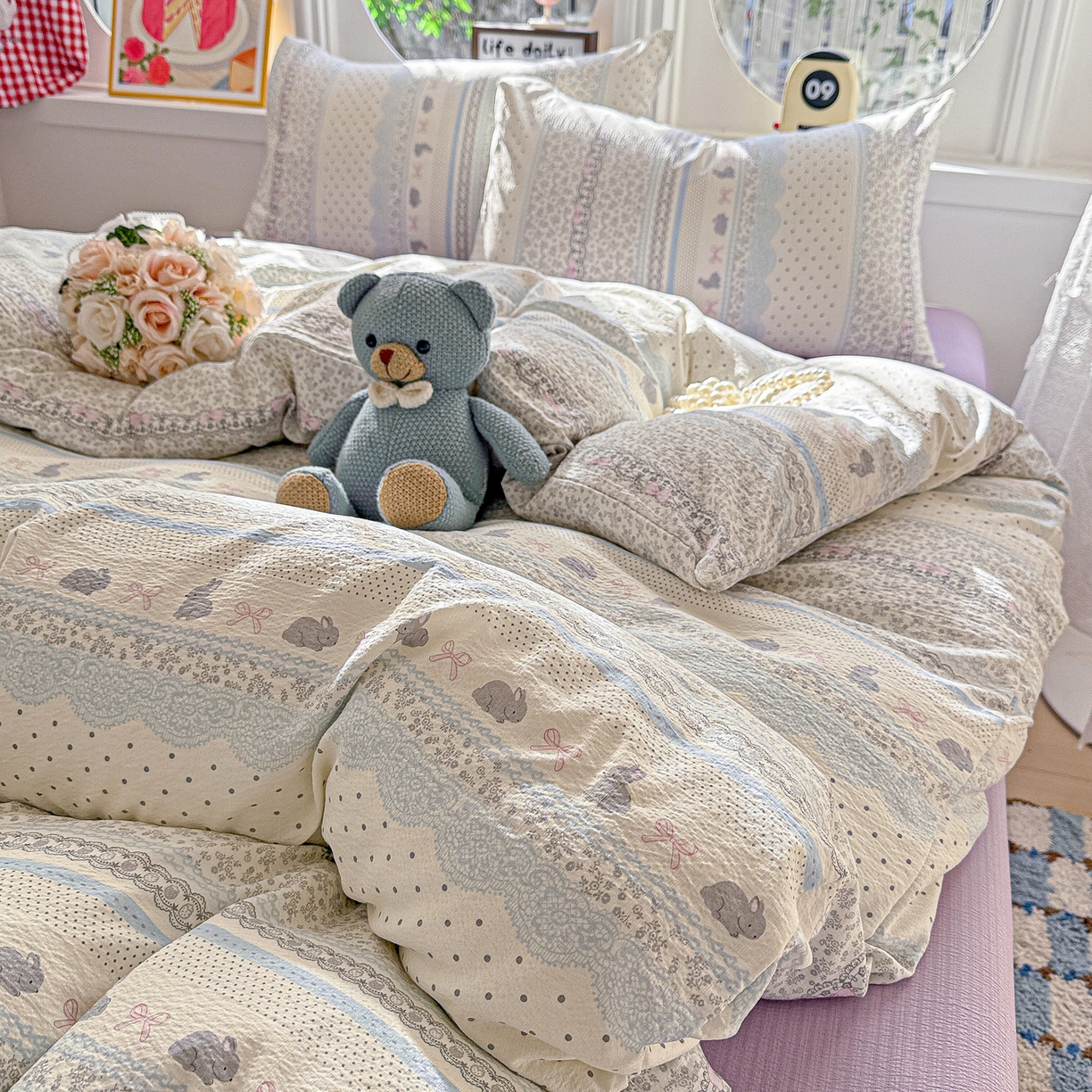 91家纺网 家纺一手货源 找家纺 朵朵家纺 2026新款云感木棉皱皱纱双层纱印花四件套 安琪拉