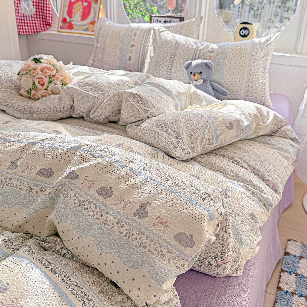 91家纺网 家纺一手货源 找家纺 朵朵家纺 2026新款云感木棉皱皱纱双层纱印花四件套 安琪拉