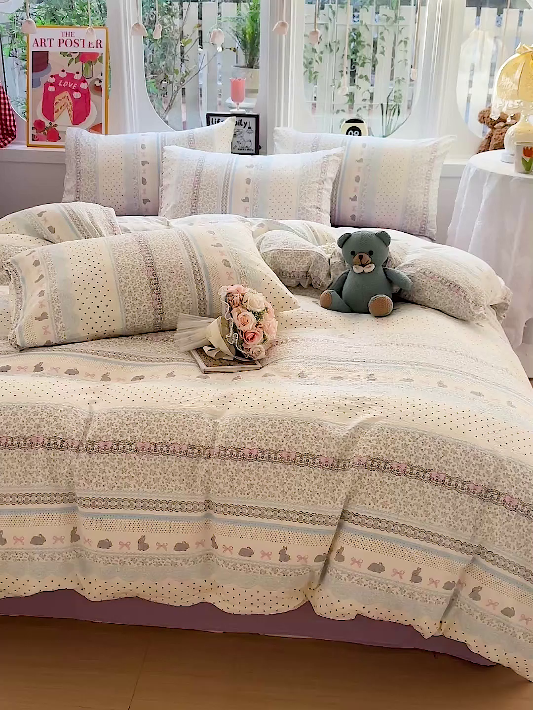 91家纺网 家纺一手货源 找家纺 朵朵家纺 2026新款云感木棉皱皱纱双层纱印花四件套 安琪拉