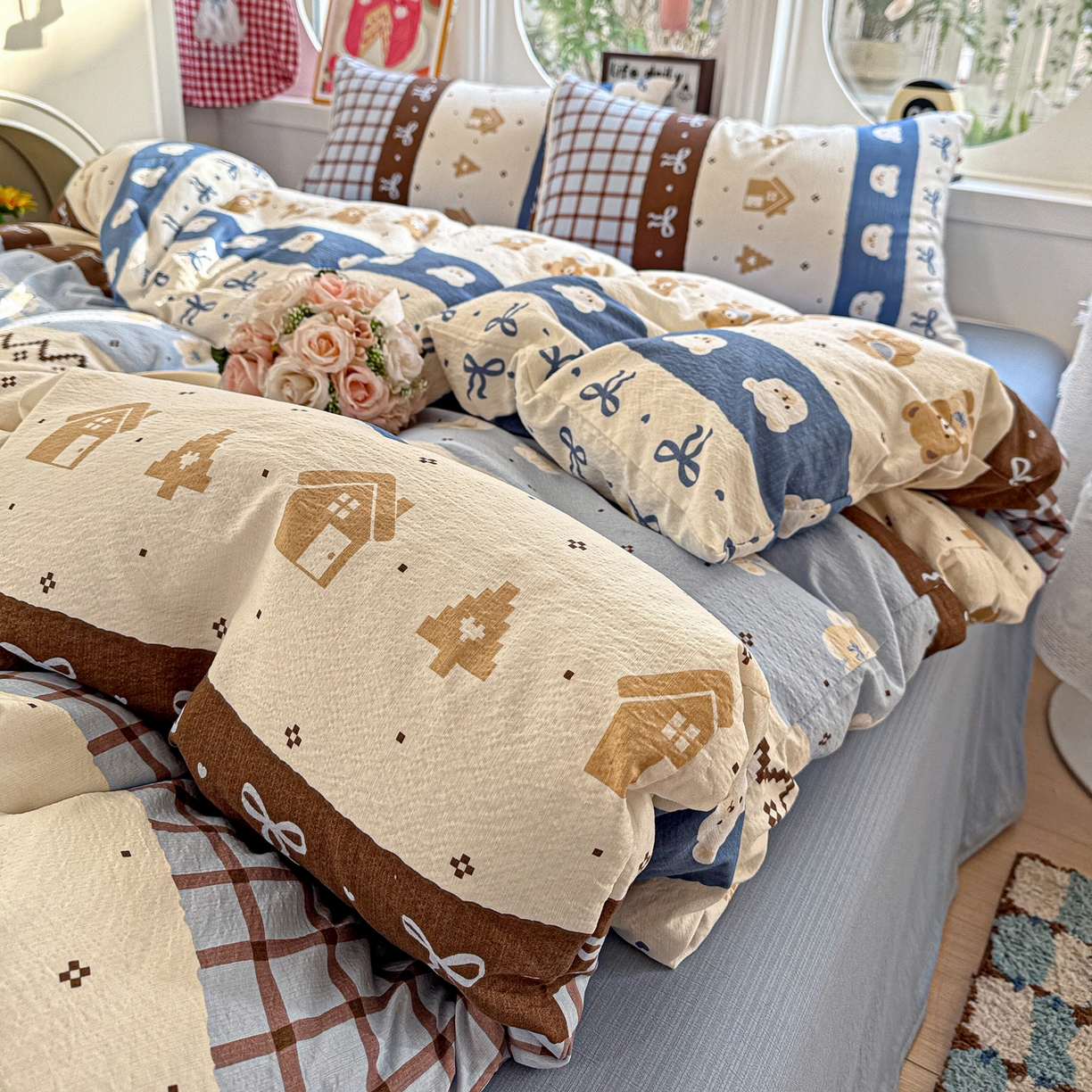 91家纺网 家纺一手货源 找家纺 朵朵家纺 2026新款云感木棉皱皱纱双层纱印花四件套 北半球