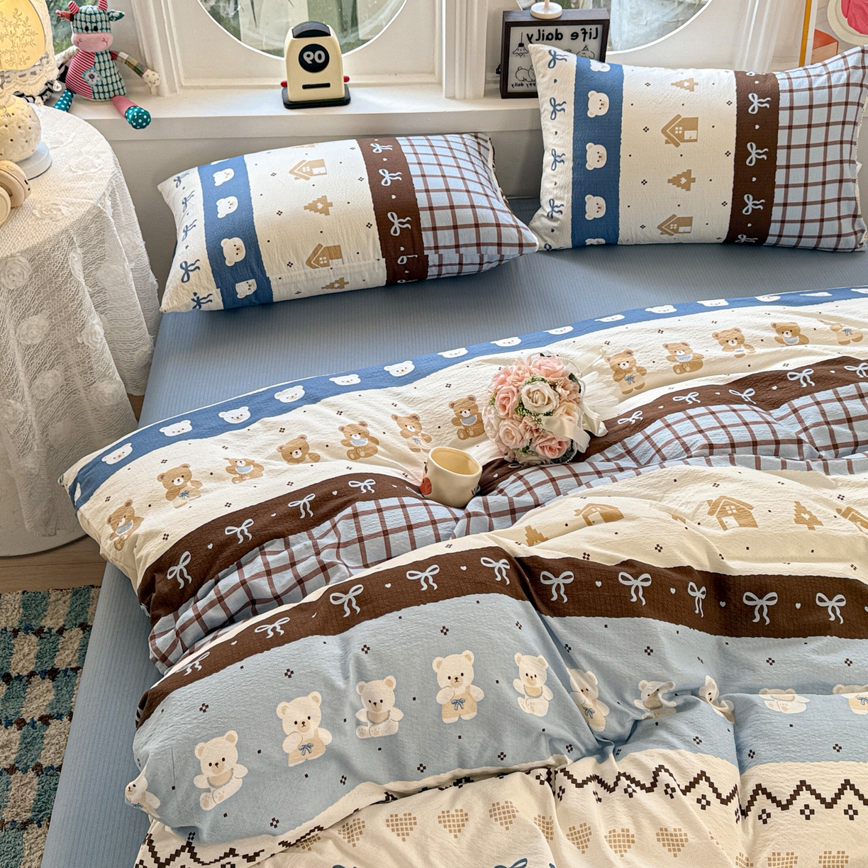 91家纺网 家纺一手货源 找家纺 朵朵家纺 2026新款云感木棉皱皱纱双层纱印花四件套 北半球