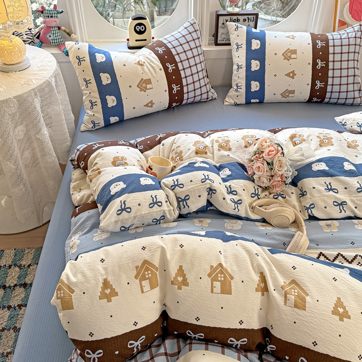 91家纺网 家纺一手货源 找家纺 朵朵家纺 2026新款云感木棉皱皱纱双层纱印花四件套 北半球