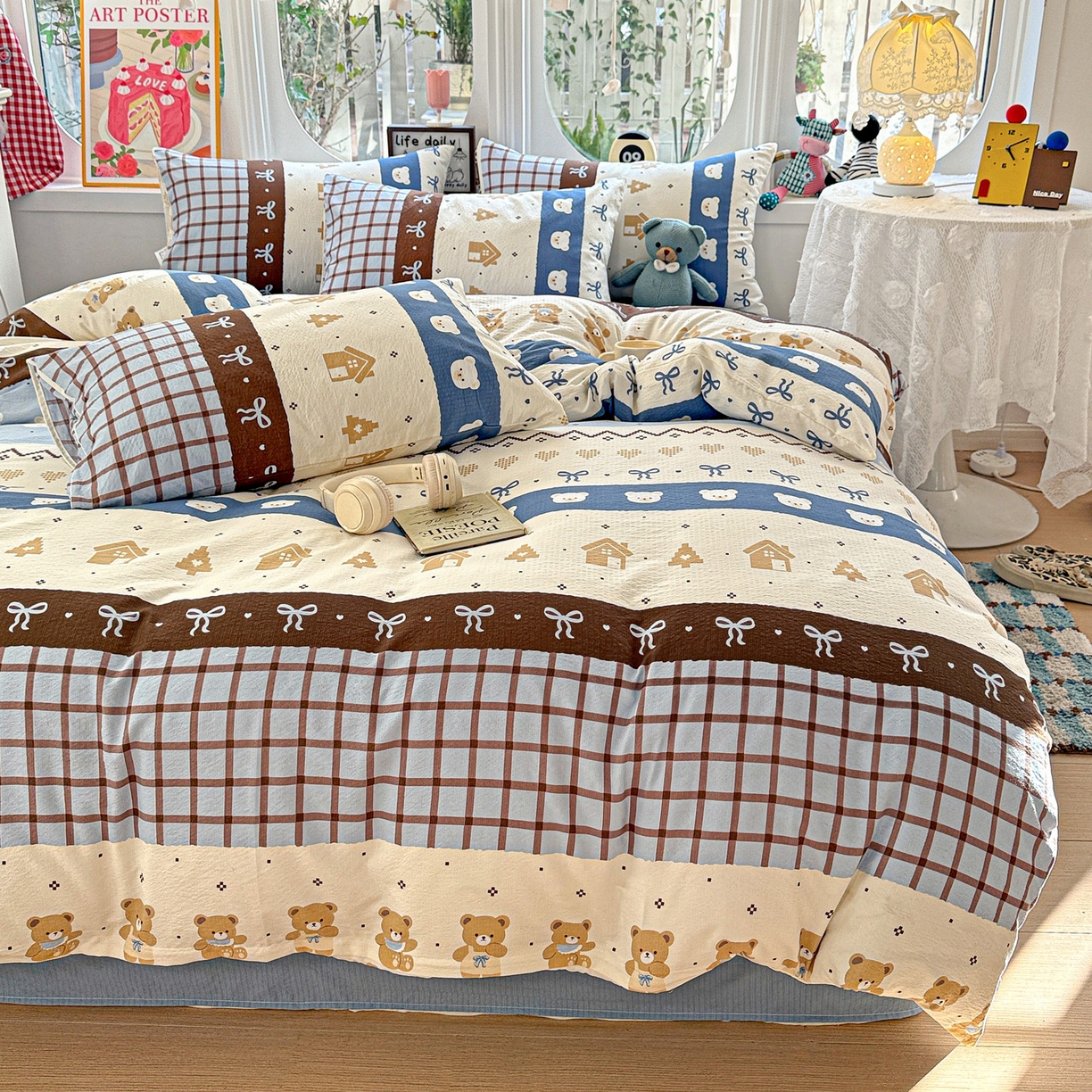 91家纺网 家纺一手货源 找家纺 朵朵家纺 2026新款云感木棉皱皱纱双层纱印花四件套 北半球