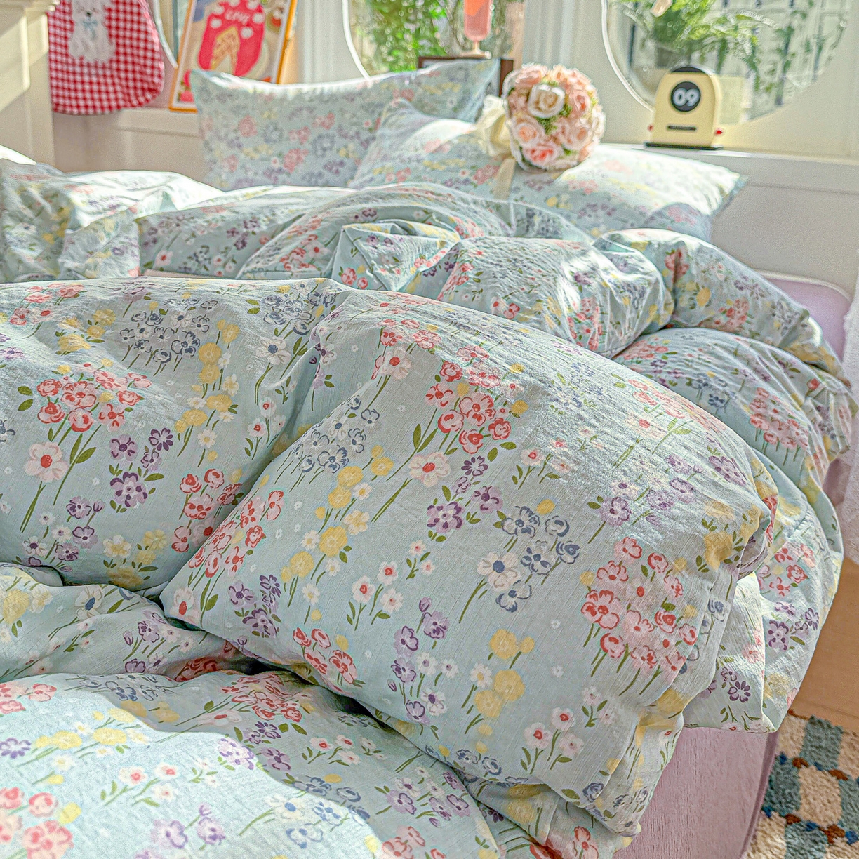 91家纺网 家纺一手货源 找家纺 朵朵家纺 2026新款云感木棉皱皱纱双层纱印花四件套 春野集