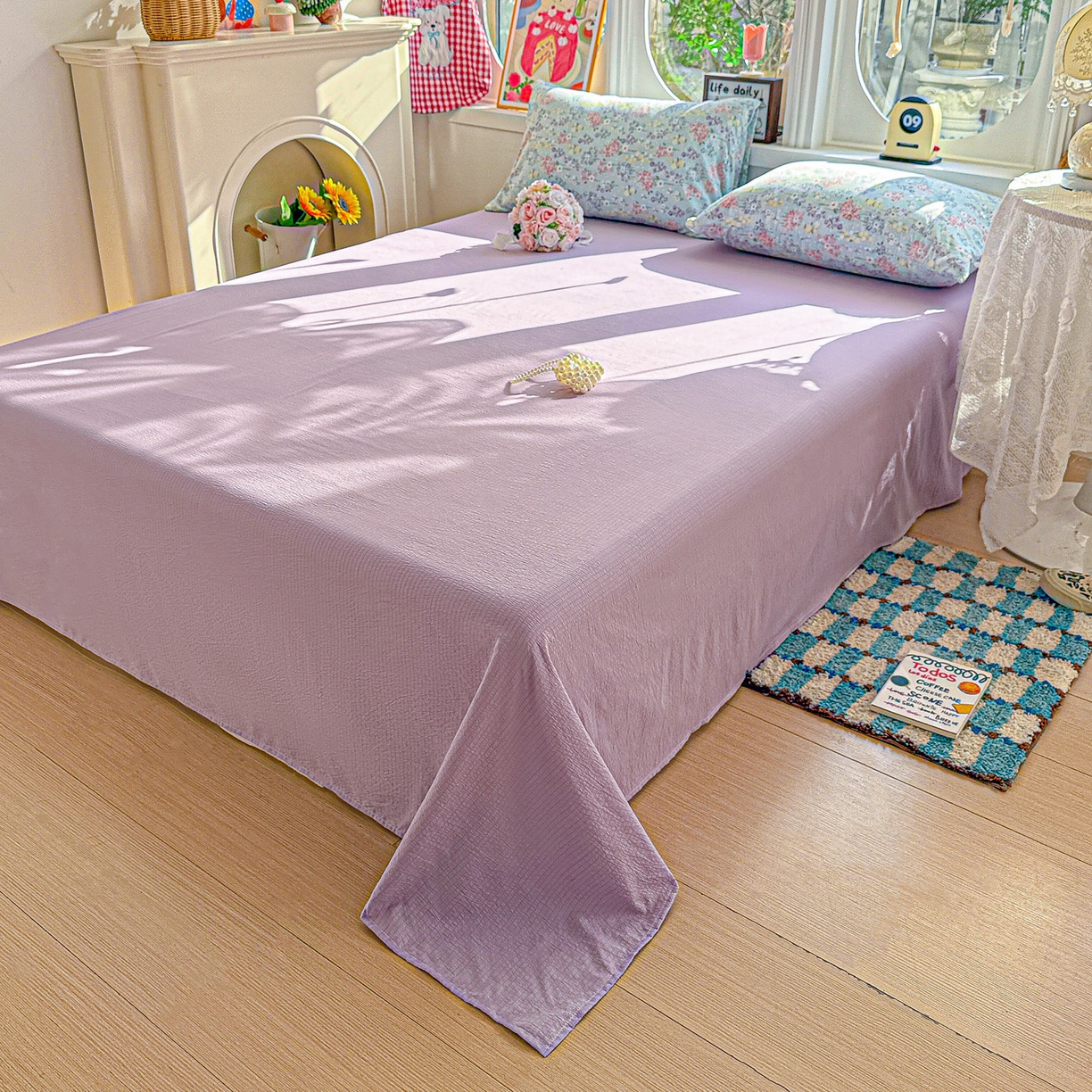 91家纺网 家纺一手货源 找家纺 朵朵家纺 2026新款云感木棉皱皱纱双层纱印花四件套 春野集