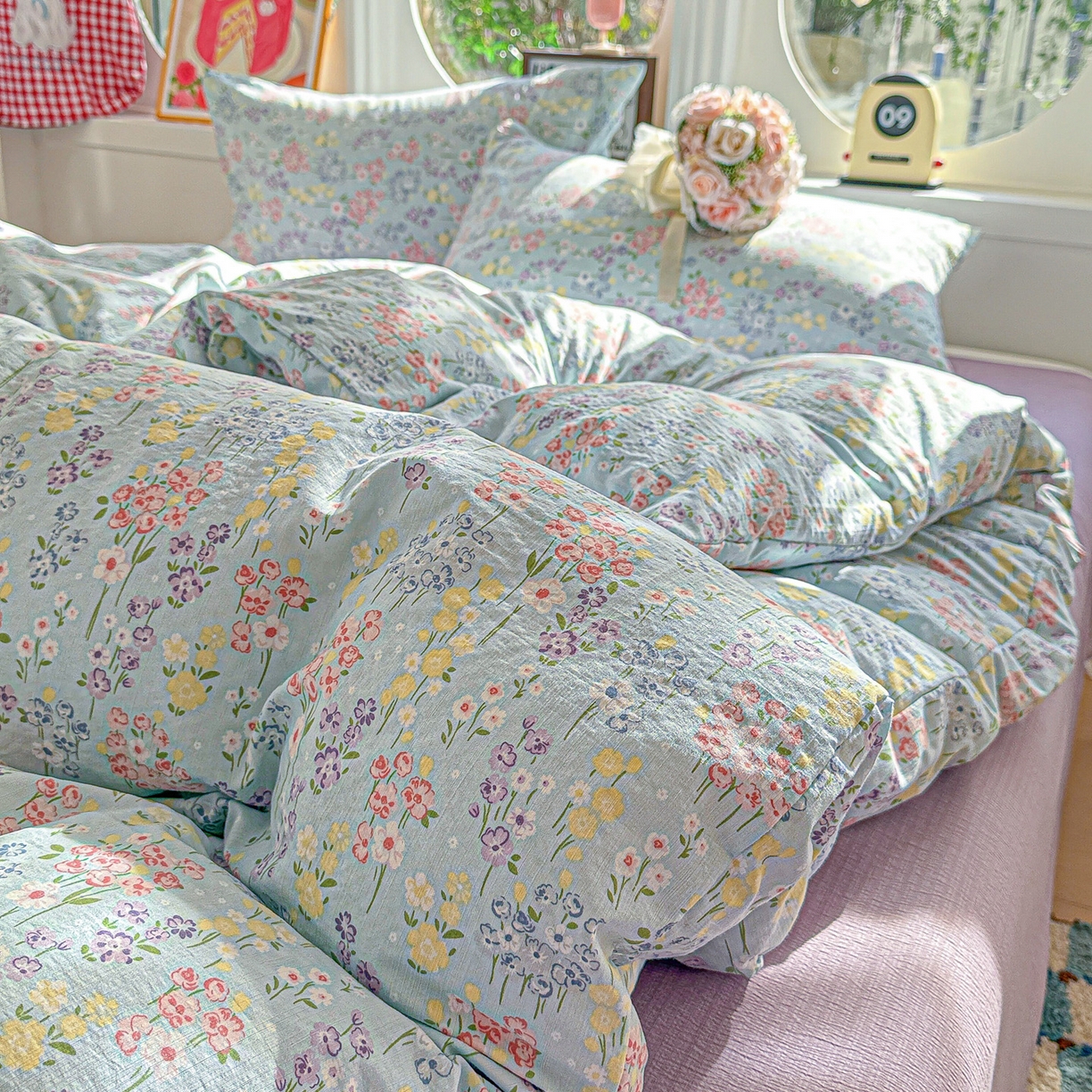 91家纺网 家纺一手货源 找家纺 朵朵家纺 2026新款云感木棉皱皱纱双层纱印花四件套 春野集