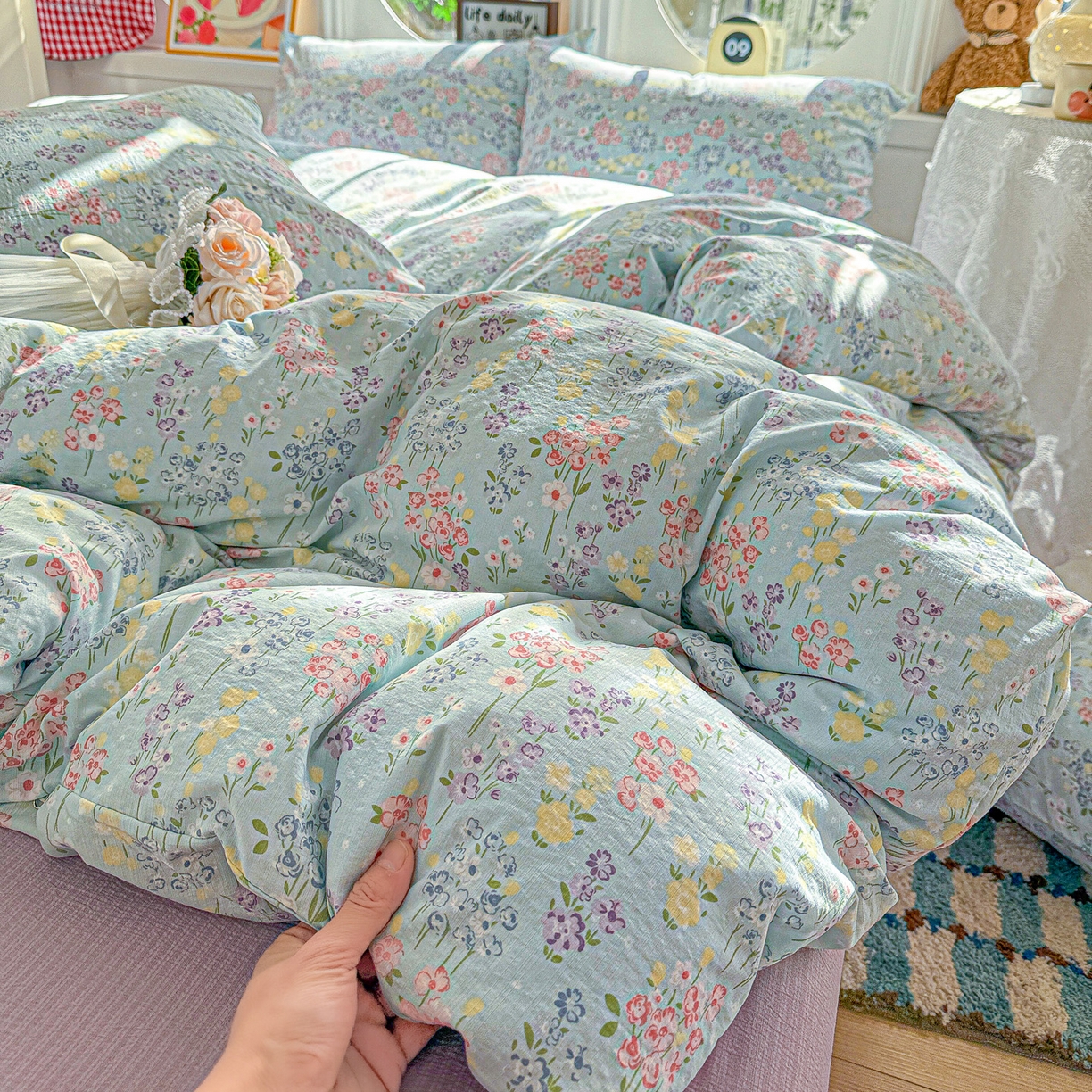 91家纺网 家纺一手货源 找家纺 朵朵家纺 2026新款云感木棉皱皱纱双层纱印花四件套 春野集