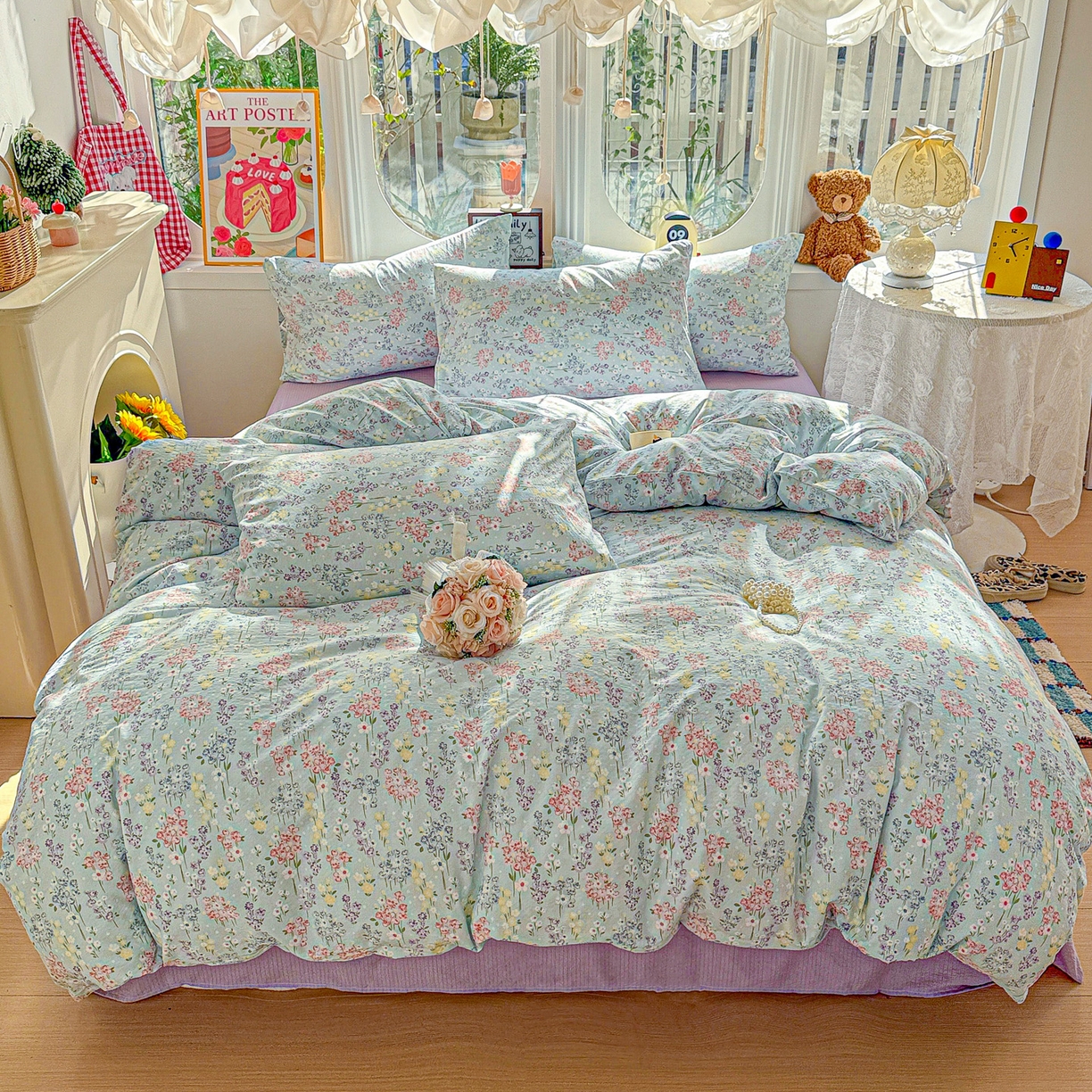 91家纺网 家纺一手货源 找家纺 朵朵家纺 2026新款云感木棉皱皱纱双层纱印花四件套 春野集