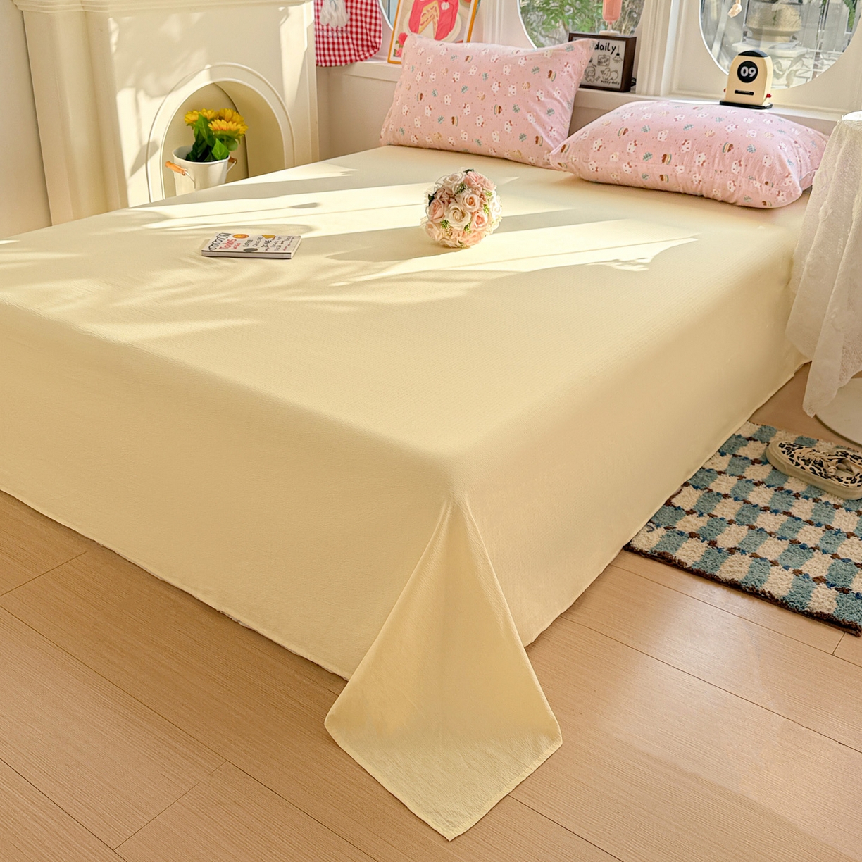 91家纺网 家纺一手货源 找家纺 朵朵家纺 2026新款云感木棉皱皱纱双层纱印花四件套 蛋糕喵