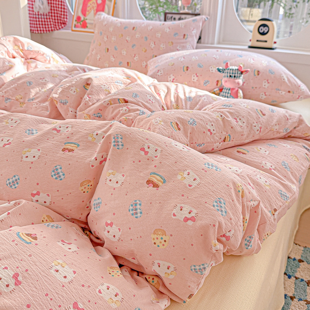 91家纺网 家纺一手货源 找家纺 朵朵家纺 2026新款云感木棉皱皱纱双层纱印花四件套 蛋糕喵